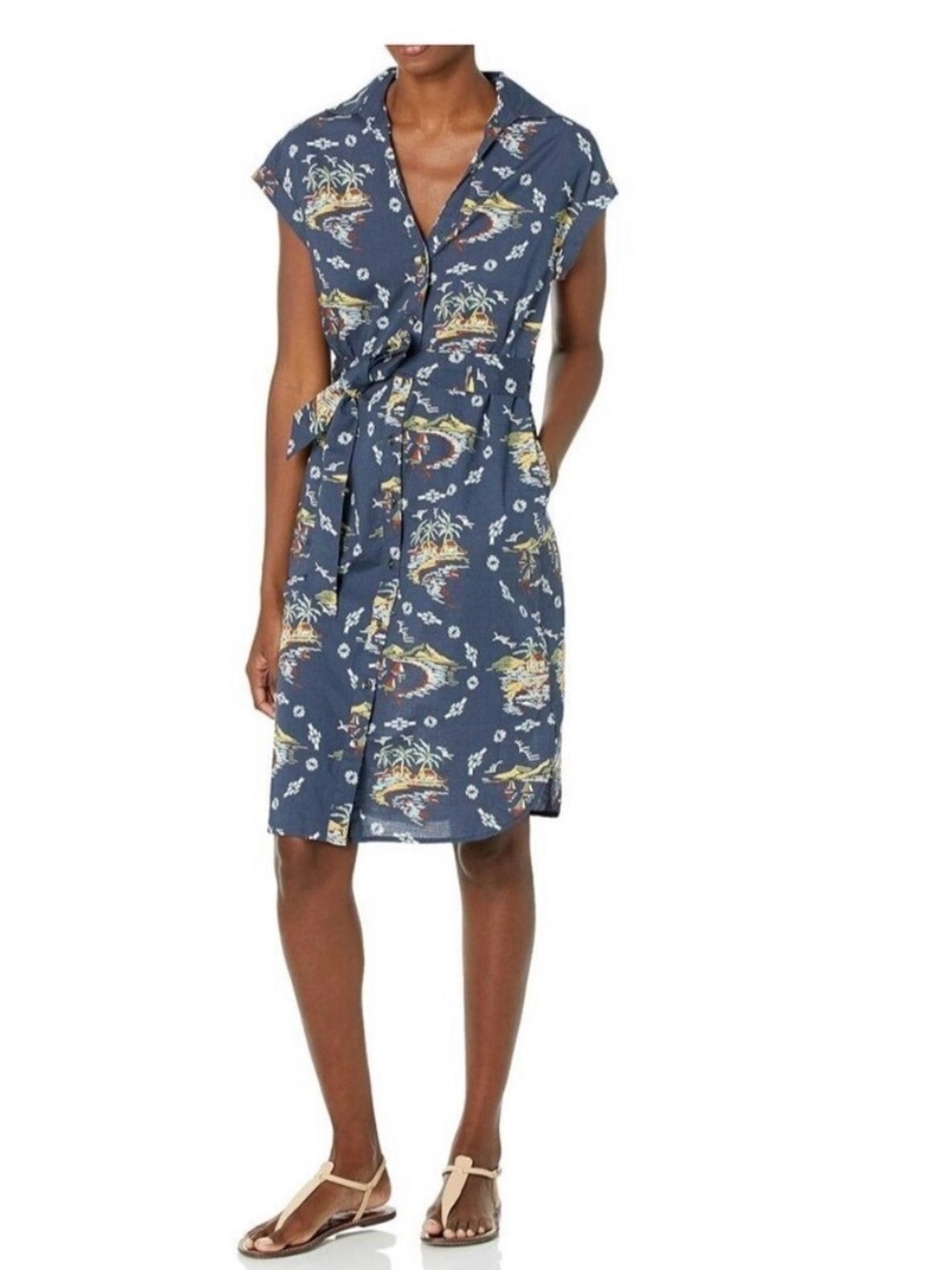 Pendleton Women’s M Navy Scenic Print Belted Shirt Dress Cottage Coastal Resort